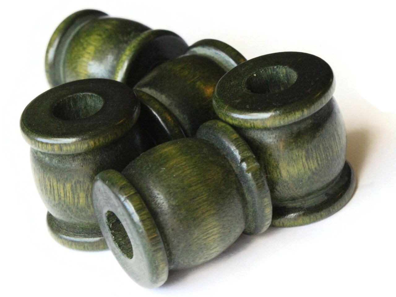 5 22mm Green Wooden Drum Beads Vintage Wood Large Hole Beads